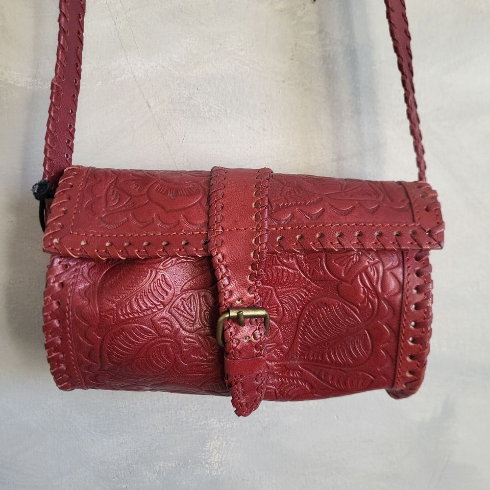 Ecote Red Leather Tooled Barrel Crossbody Bag Small 8 x 5